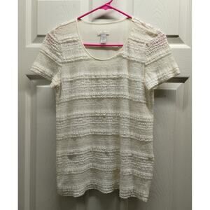 Chico's Women's Size Small (0) Cream Lace Overlay Ruffle Textured Lined Top